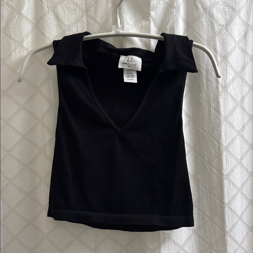 Black Crop Tank Top with Notched Collar